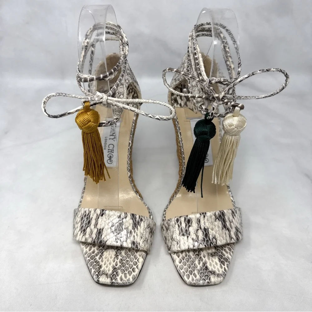 NEW Jimmy Choo Deva 85 Snakeskin Leather Tasseled Ankle Tie Wedge Sandal Heels
